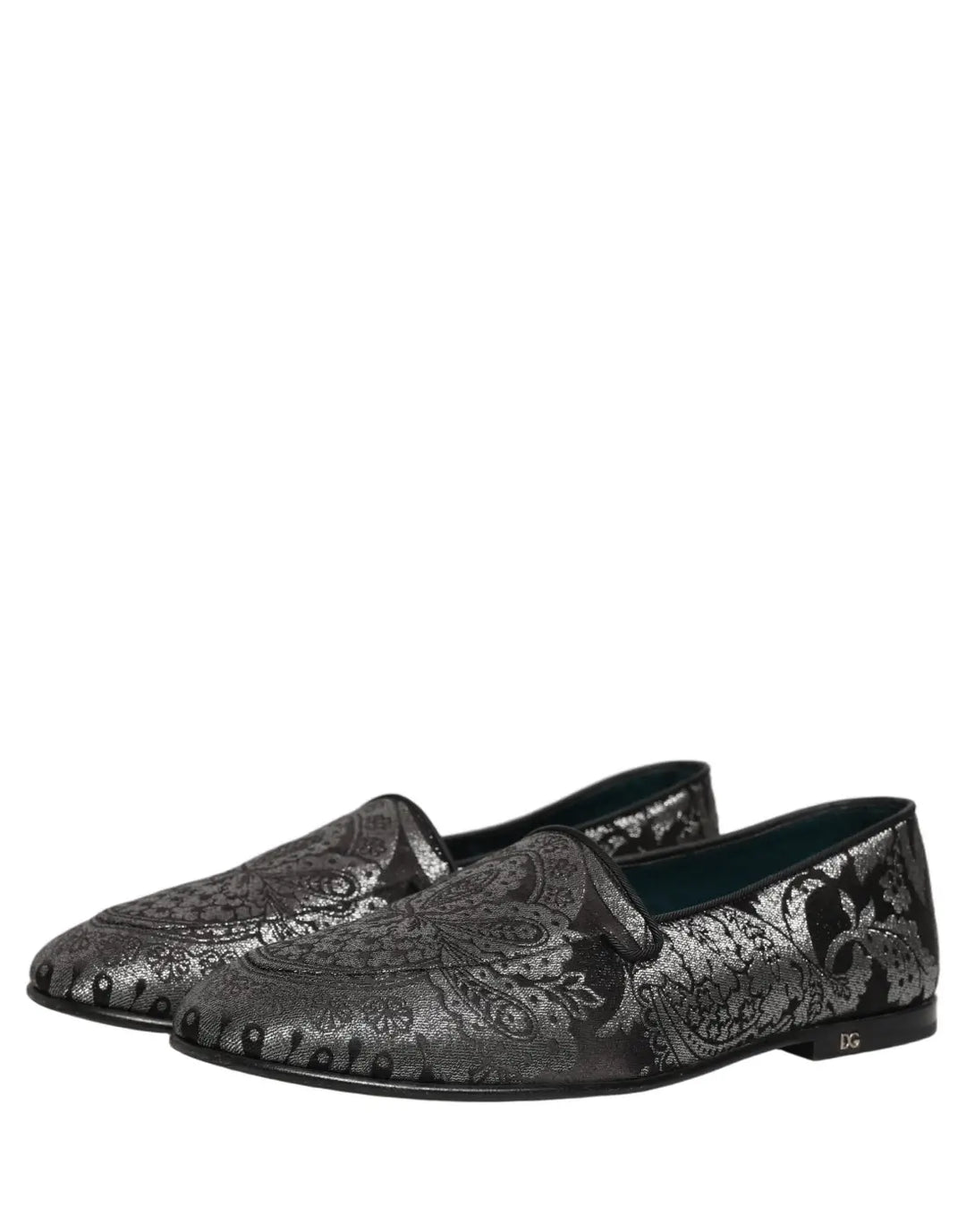 Dolce &amp; Gabbana Silver Jacquard Leather Slip On Loafers Shoes