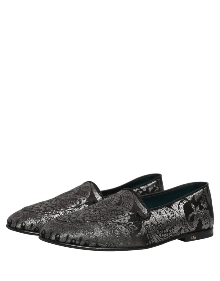Dolce &amp; Gabbana Silver Jacquard Leather Slip On Loafers Shoes