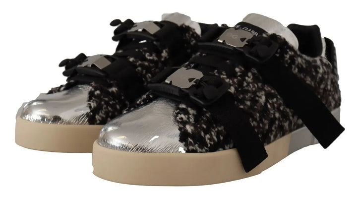 Dolce &amp; Gabbana Silver Leather Brown Cotton Wool Sneakers Shoes