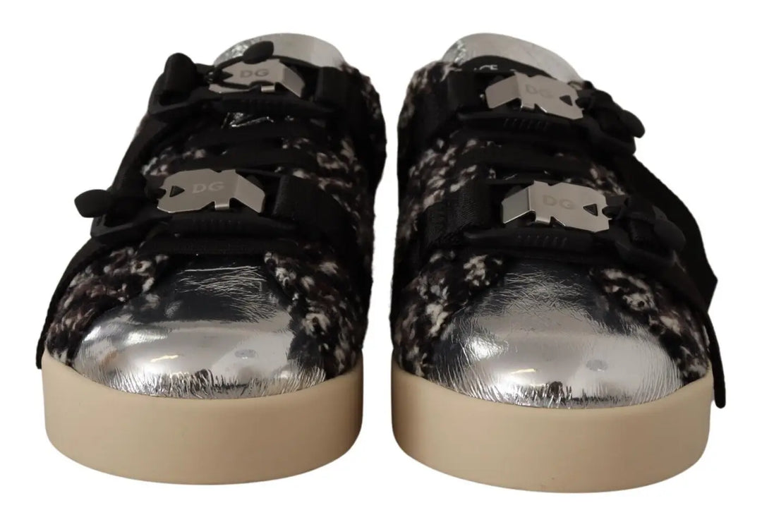 Dolce &amp; Gabbana Silver Leather Brown Cotton Wool Sneakers Shoes