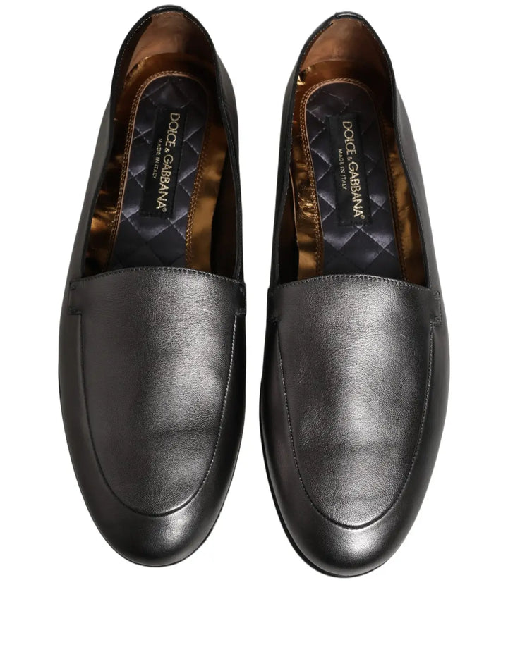 Dolce &amp; Gabbana Silver Leather DG Logo Slip On Loafers Shoes