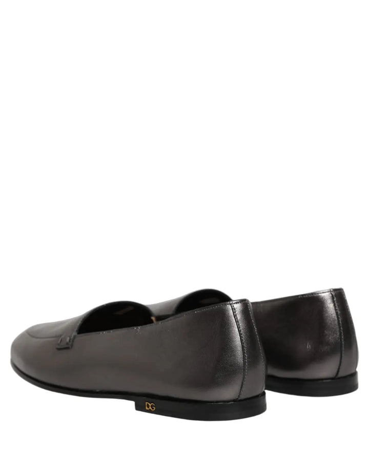 Dolce &amp; Gabbana Silver Leather DG Logo Slip On Loafers Shoes