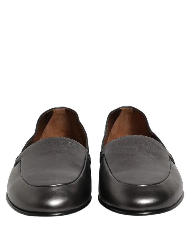 Dolce &amp; Gabbana Silver Leather DG Logo Slip On Loafers Shoes