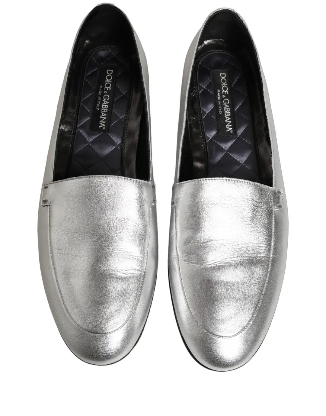 Dolce &amp; Gabbana Silver Leather DG Logo Slip On Loafers Shoes