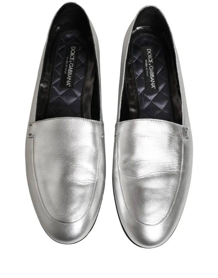 Dolce &amp; Gabbana Silver Leather DG Logo Slip On Loafers Shoes