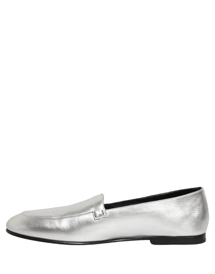 Dolce &amp; Gabbana Silver Leather DG Logo Slip On Loafers Shoes