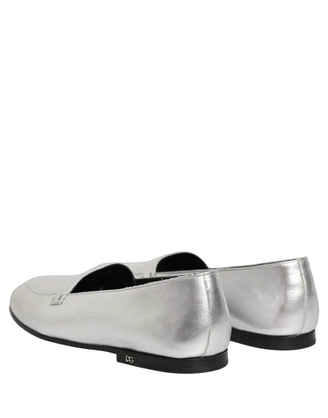 Dolce &amp; Gabbana Silver Leather DG Logo Slip On Loafers Shoes