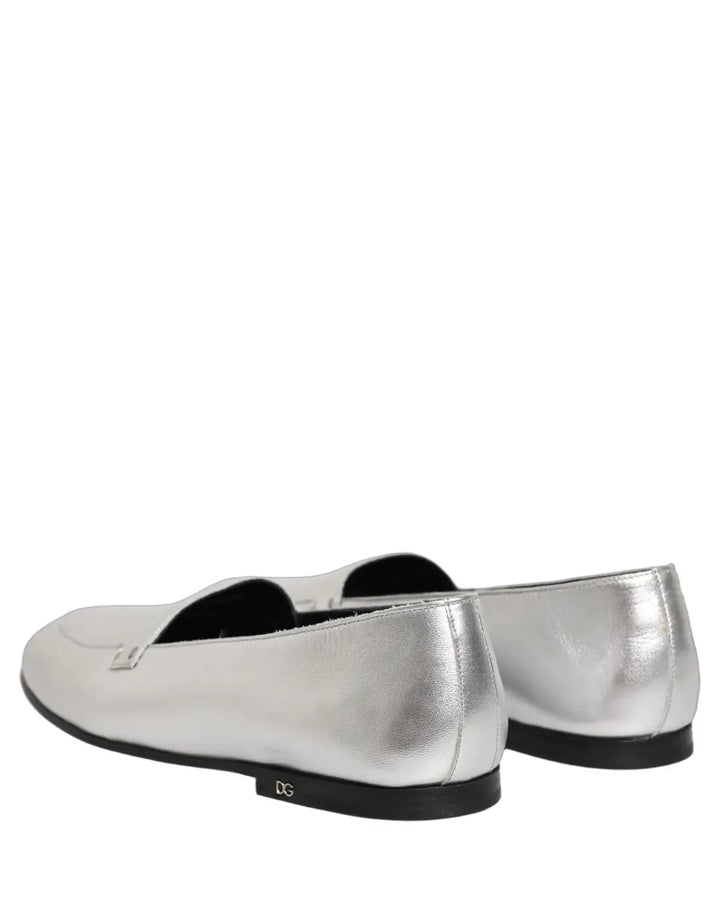 Dolce &amp; Gabbana Silver Leather DG Logo Slip On Loafers Shoes