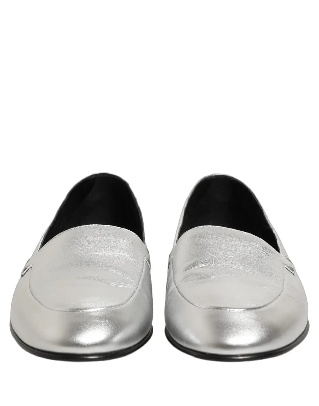 Dolce &amp; Gabbana Silver Leather DG Logo Slip On Loafers Shoes