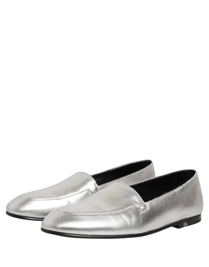 Dolce &amp; Gabbana Silver Leather DG Logo Slip On Loafers Shoes