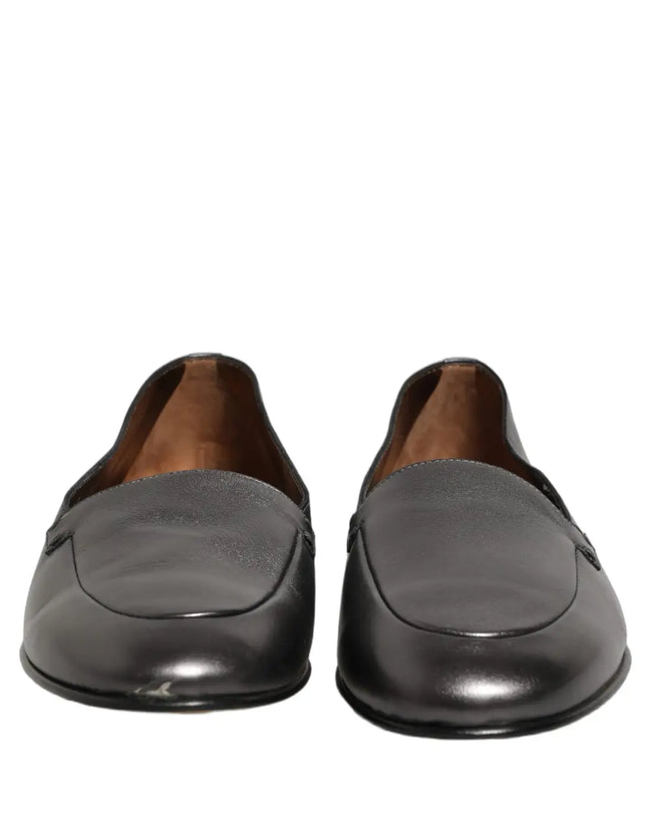 Dolce &amp; Gabbana Silver Leather DG Logo Slip On Loafers Shoes