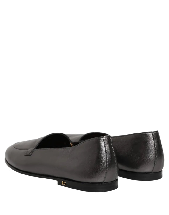Dolce &amp; Gabbana Silver Leather DG Logo Slip On Loafers Shoes