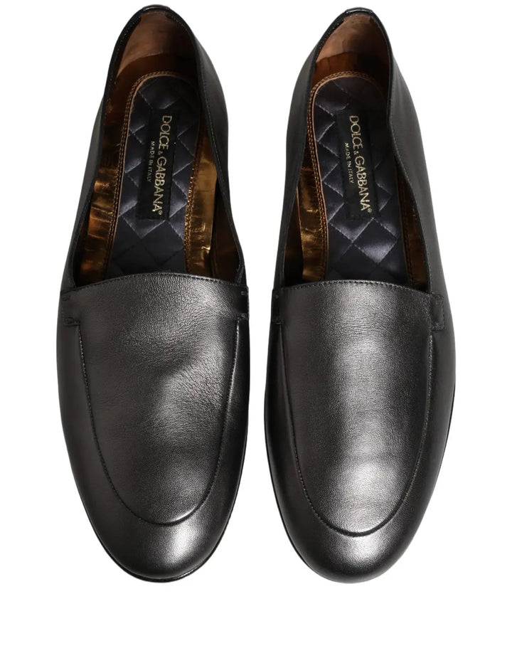 Dolce &amp; Gabbana Silver Leather DG Logo Slip On Loafers Shoes