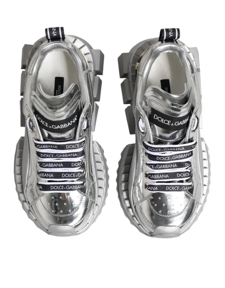 Dolce &amp; Gabbana Silver Leather Super Queen Sneakers Shoes