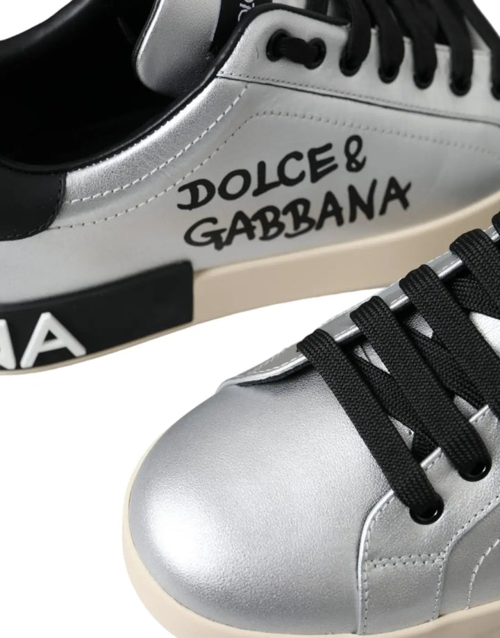 Dolce &amp; Gabbana Silver Portofino Calf Leather Sneakers Men Shoes