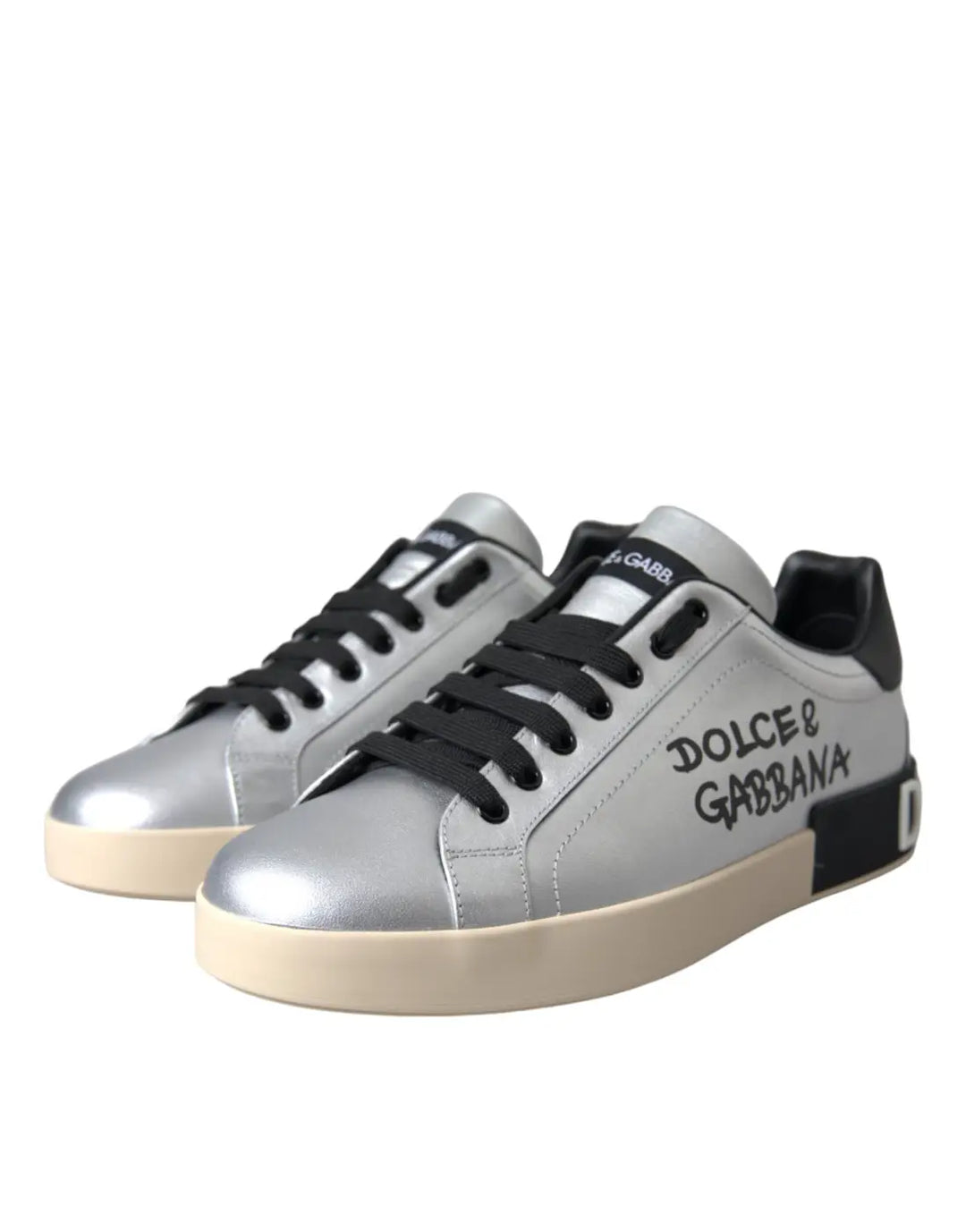 Dolce &amp; Gabbana Silver Portofino Calf Leather Sneakers Men Shoes
