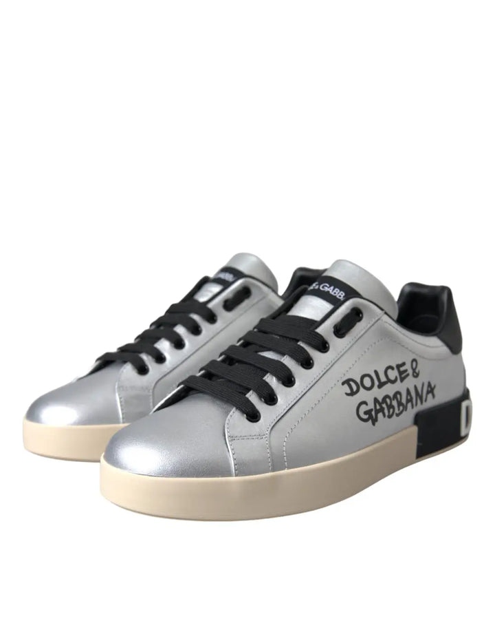 Dolce &amp; Gabbana Silver Portofino Calf Leather Sneakers Men Shoes