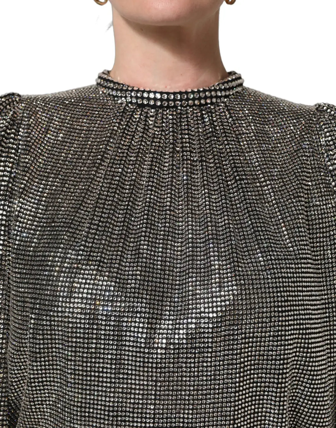 Dolce &amp; Gabbana Silver Rhinestones Long Sleeves Bodysuit Mini Dress
