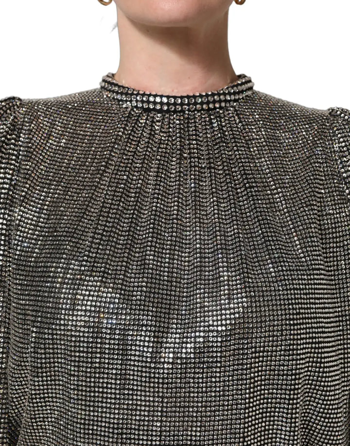 Dolce &amp; Gabbana Silver Rhinestones Long Sleeves Bodysuit Mini Dress