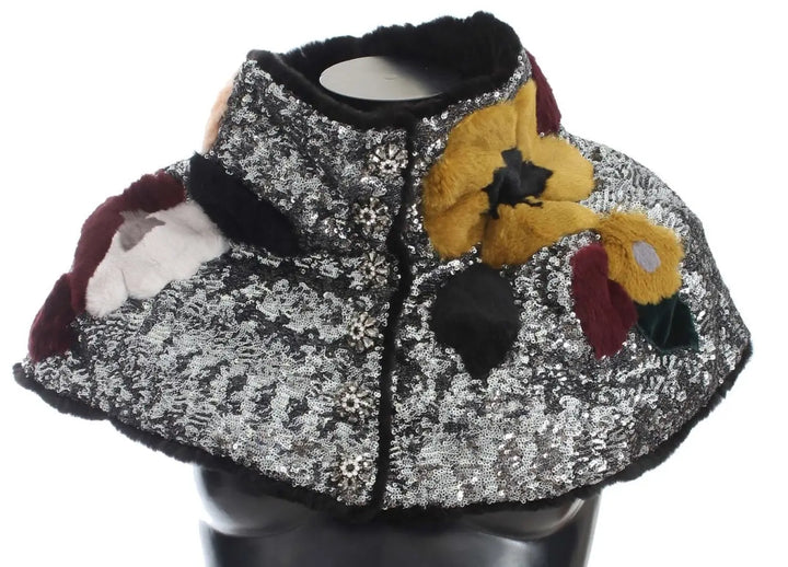 Dolce &amp; Gabbana Silver Sequined Floral Weasel Fur Shoulder Scarf Wrap