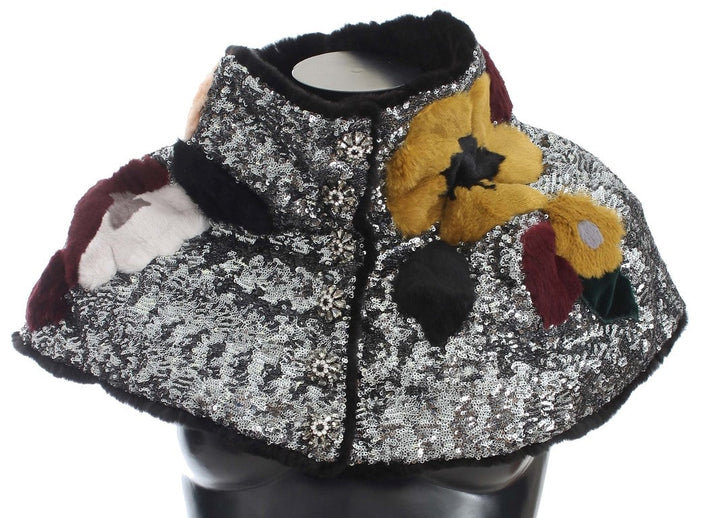 Dolce &amp; Gabbana Silver Sequined Floral Weasel Fur Shoulder Scarf Wrap