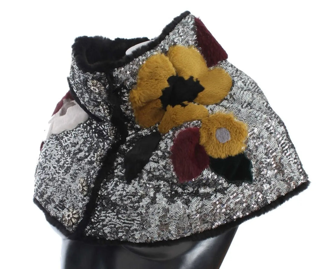 Dolce &amp; Gabbana Silver Sequined Floral Weasel Fur Shoulder Scarf Wrap