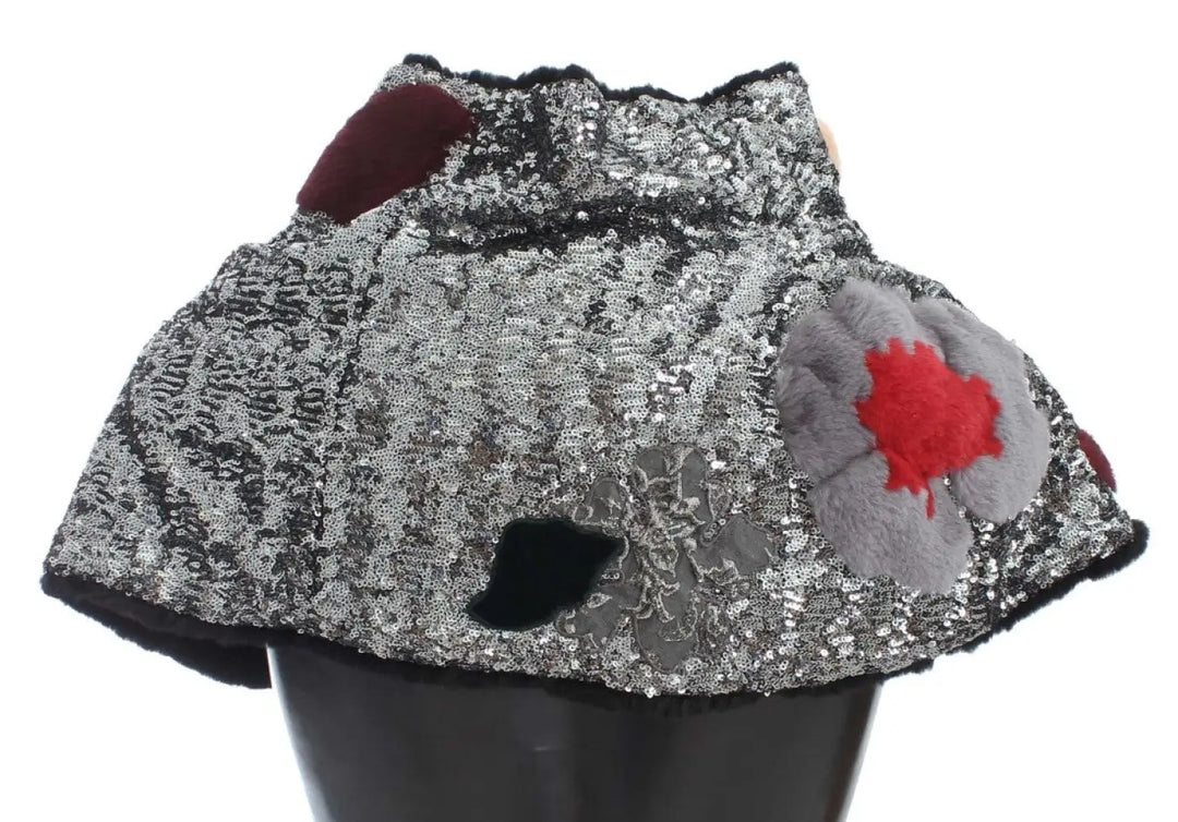 Dolce &amp; Gabbana Silver Sequined Floral Weasel Fur Shoulder Scarf Wrap