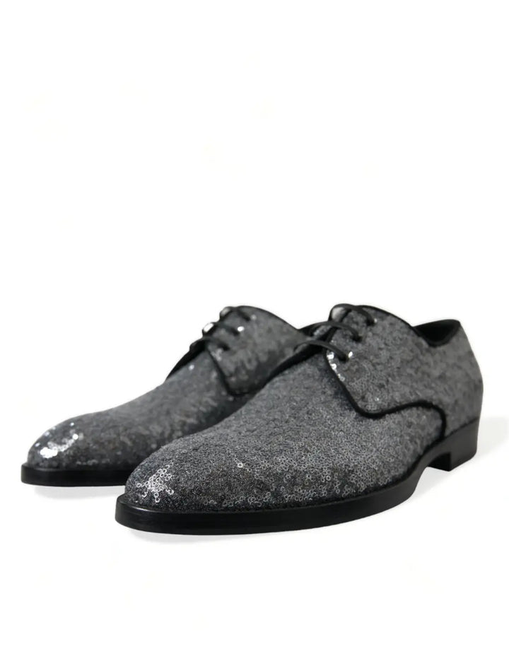 Dolce &amp; Gabbana Silver Sequined Lace Up Men Derby Dress Shoes