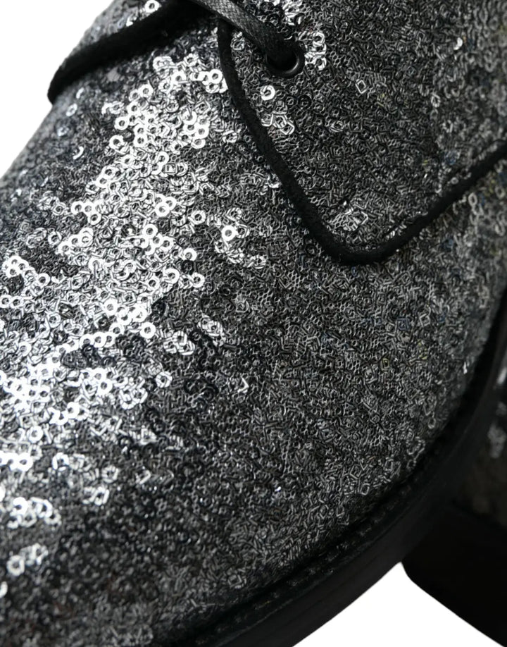 Dolce &amp; Gabbana Silver Sequined Lace Up Men Derby Dress Shoes