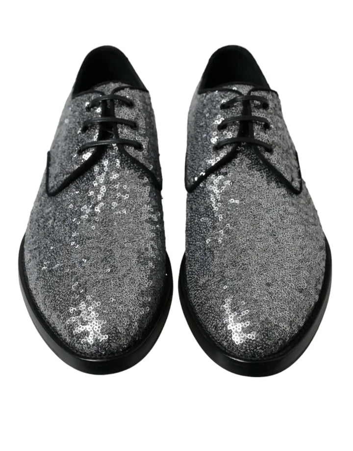 Dolce &amp; Gabbana Silver Sequined Lace Up Men Derby Dress Shoes