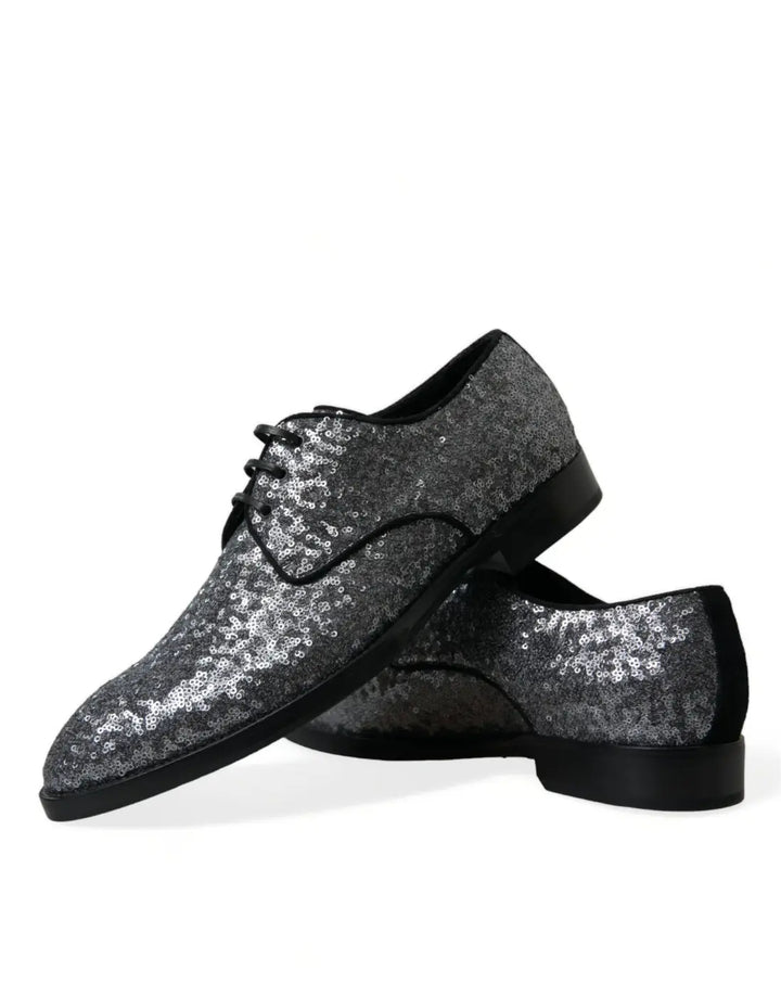 Dolce &amp; Gabbana Silver Sequined Lace Up Men Derby Dress Shoes
