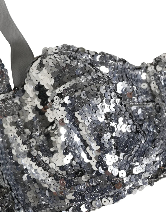 Dolce &amp; Gabbana Silver Sequined Nyon Balconnet Bra Underwear