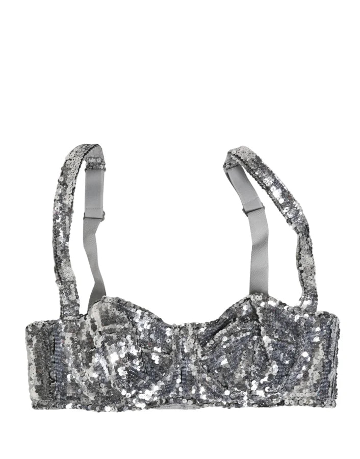 Dolce &amp; Gabbana Silver Sequined Nyon Balconnet Bra Underwear