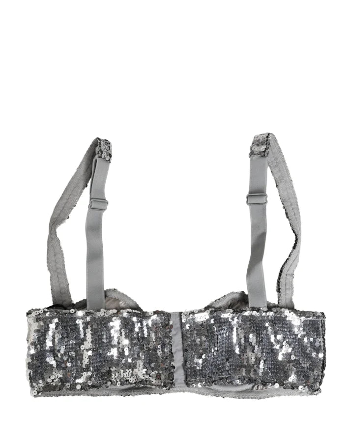 Dolce &amp; Gabbana Silver Sequined Nyon Balconnet Bra Underwear