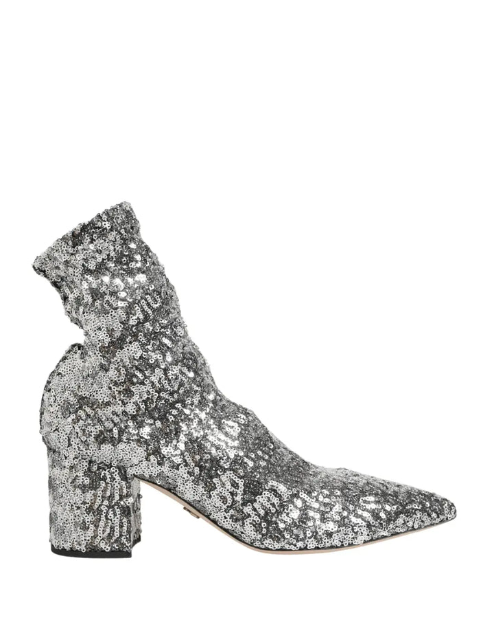 Dolce &amp; Gabbana Silver Sequined Short Boots Stretch Shoes