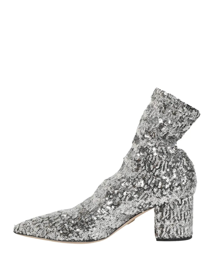 Dolce &amp; Gabbana Silver Sequined Short Boots Stretch Shoes