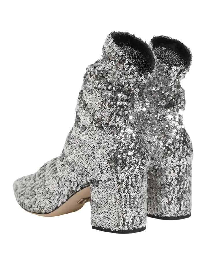 Dolce &amp; Gabbana Silver Sequined Short Boots Stretch Shoes