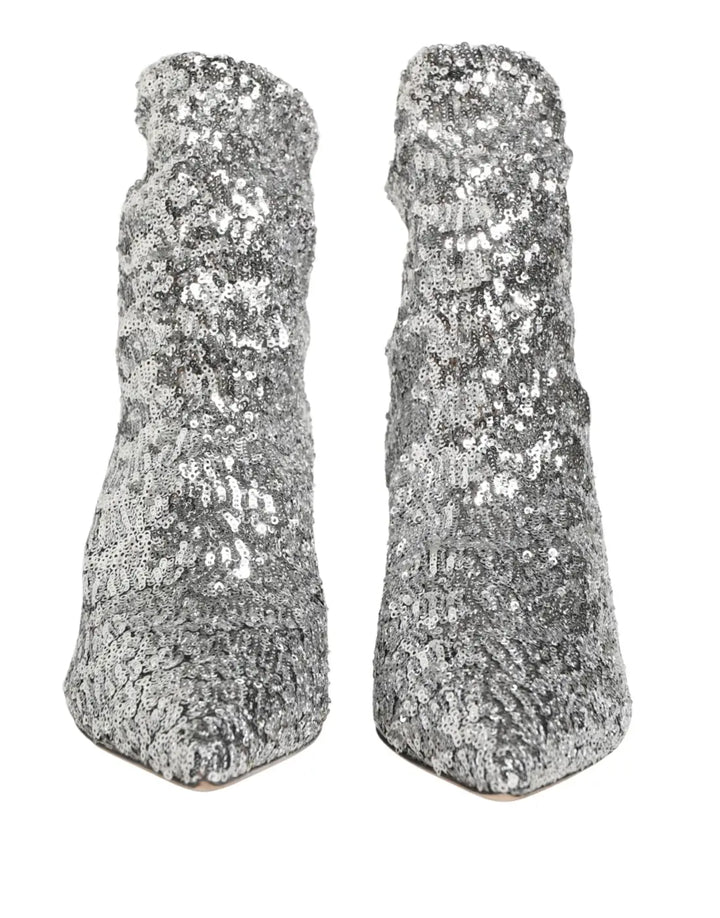 Dolce &amp; Gabbana Silver Sequined Short Boots Stretch Shoes