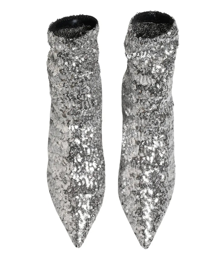 Dolce &amp; Gabbana Silver Sequined Short Boots Stretch Shoes