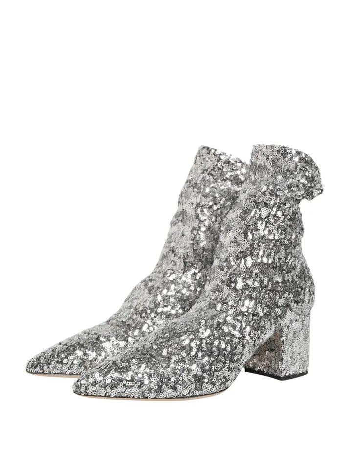 Dolce &amp; Gabbana Silver Sequined Short Boots Stretch Shoes