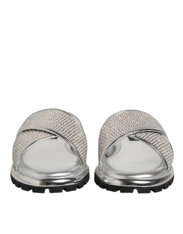 Dolce &amp; Gabbana Silver Strass Slides Flats Slippers Shoes