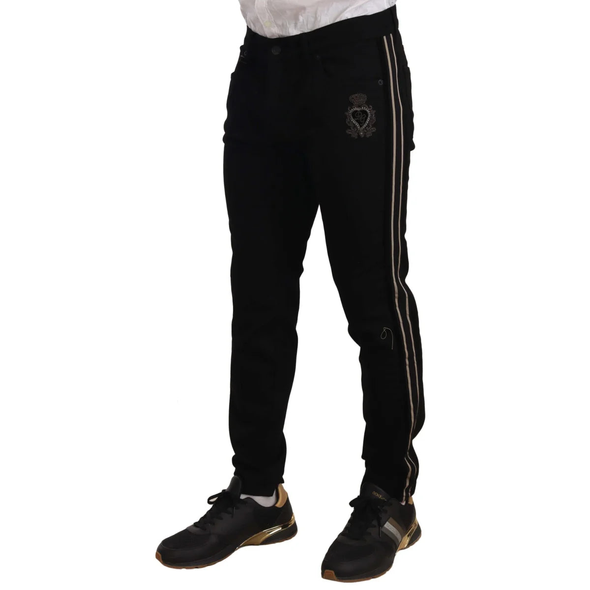 Dolce Gabbana Slim Fit Black Jeans Royal Style Heraldic Bead Embroidery &