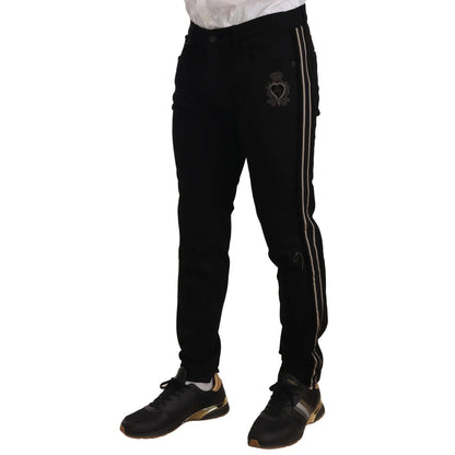 Dolce Gabbana Slim Fit Black Jeans Royal Style Heraldic Bead Embroidery &