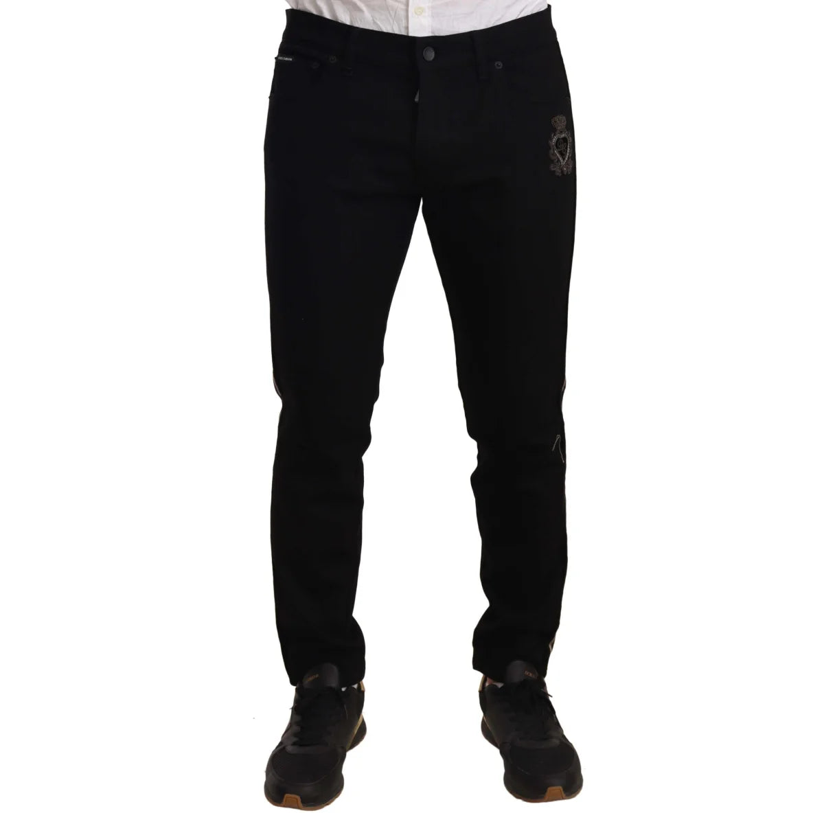 Dolce Gabbana Slim Fit Black Jeans Royal Style Heraldic Bead Embroidery &