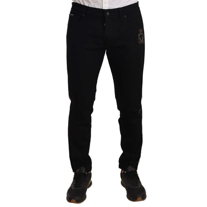 Dolce Gabbana Slim Fit Black Jeans Royal Style Heraldic Bead Embroidery &