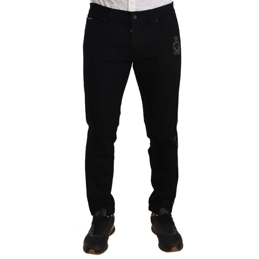 Dolce Gabbana Slim Fit Black Jeans Royal Style Heraldic Bead Embroidery &
