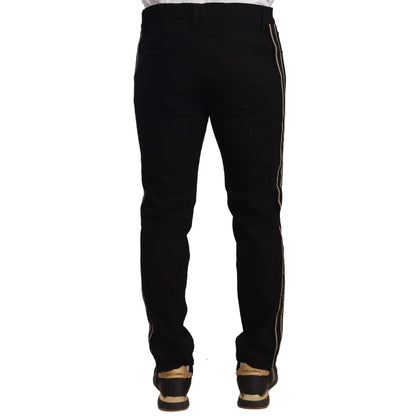 Dolce Gabbana Slim Fit Black Jeans Royal Style Heraldic Bead Embroidery &