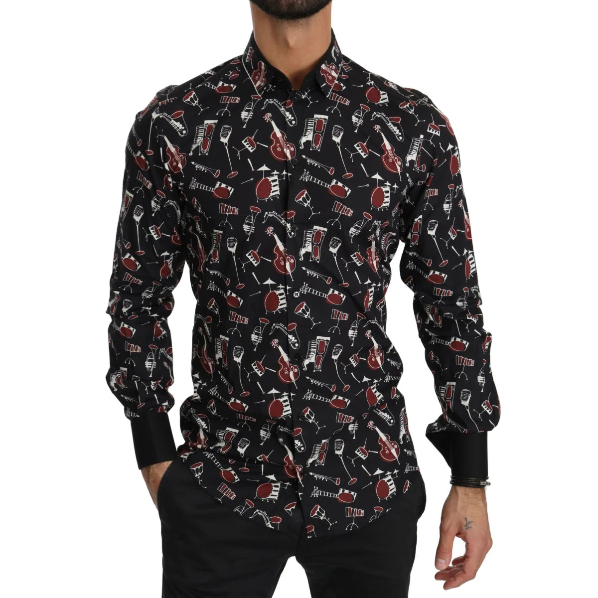 Dolce & Gabbana Slim Fit Casual Shirt with Black Musical Print
