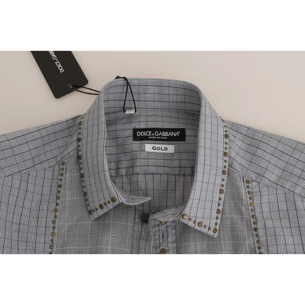 Dolce & Gabbana Slim Fit Gray Check Gold Mens Shirt Authentic
