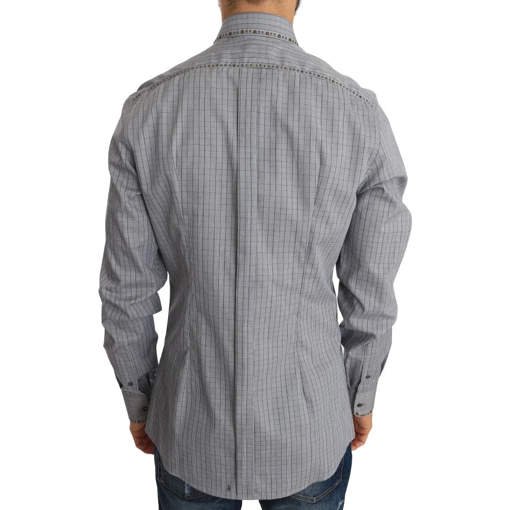 Dolce & Gabbana Slim Fit Gray Check Gold Mens Shirt Authentic